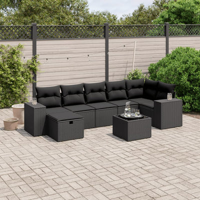 8 Piece Garden Sofa Set with Cushions Black Poly Rattan