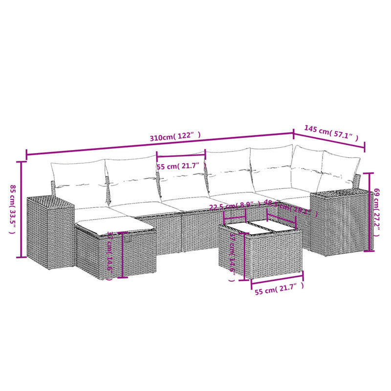 8 Piece Garden Sofa Set with Cushions Grey Poly Rattan