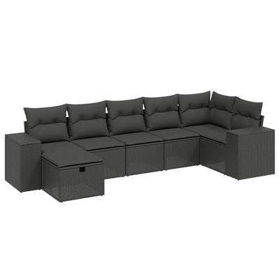 7 Piece Garden Sofa Set with Cushions Black Poly Rattan