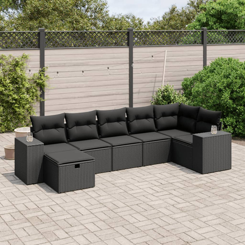 7 Piece Garden Sofa Set with Cushions Black Poly Rattan