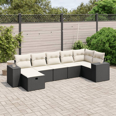 7 Piece Garden Sofa Set with Cushions Black Poly Rattan