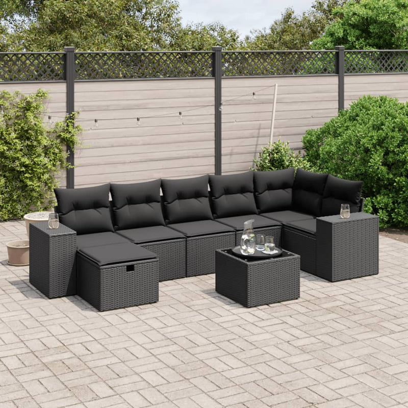 8 Piece Garden Sofa Set with Cushions Black Poly Rattan