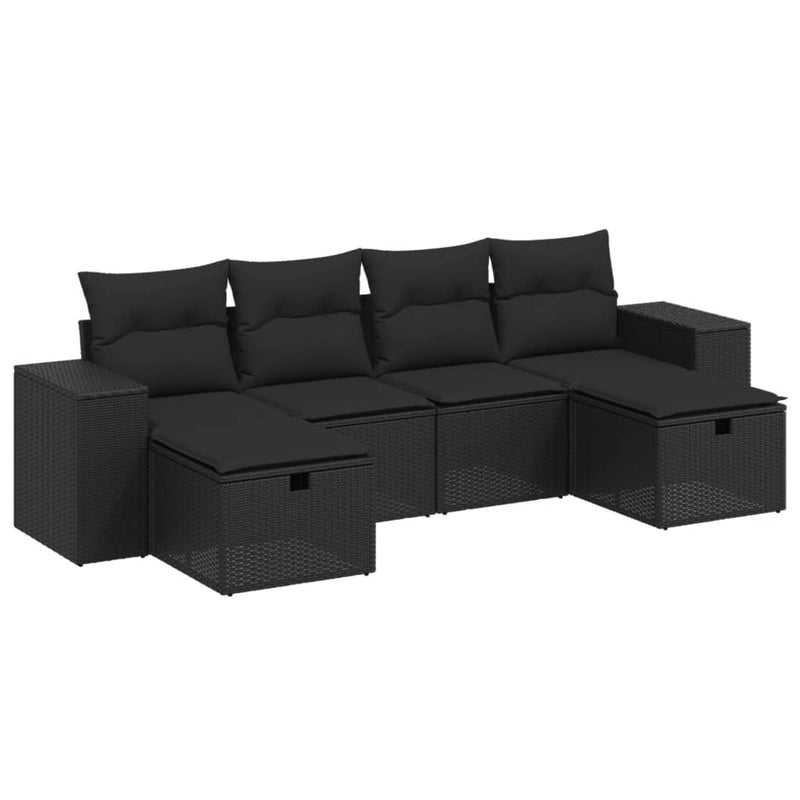 6 Piece Garden Sofa Set with Cushions Black Poly Rattan