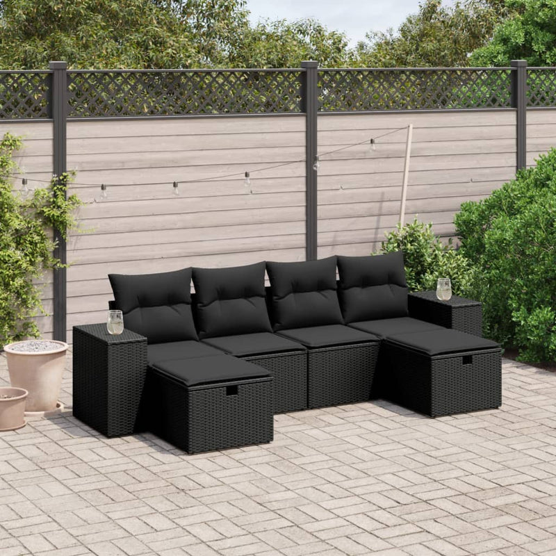 6 Piece Garden Sofa Set with Cushions Black Poly Rattan