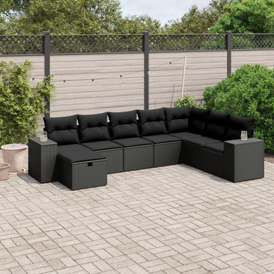 8 Piece Garden Sofa Set with Cushions Black Poly Rattan