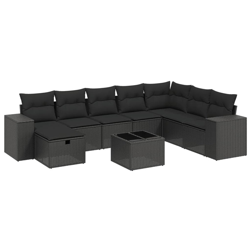 9 Piece Garden Sofa Set with Cushions Black Poly Rattan