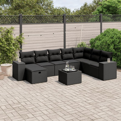 9 Piece Garden Sofa Set with Cushions Black Poly Rattan