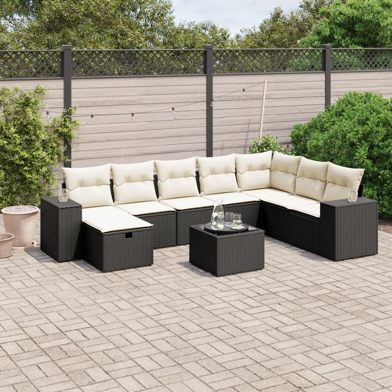 9 Piece Garden Sofa Set with Cushions Black Poly Rattan