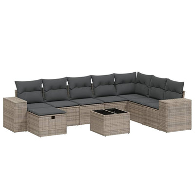 9 Piece Garden Sofa Set with Cushions Grey Poly Rattan