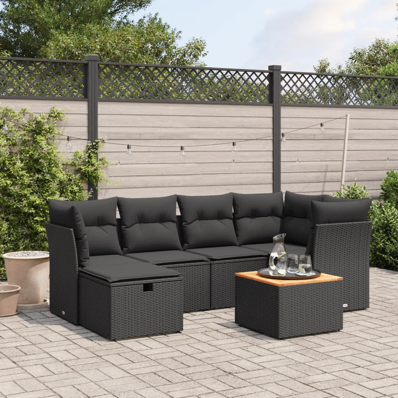 7 Piece Garden Sofa Set with Cushions Black Poly Rattan