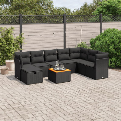 9 Piece Garden Sofa Set with Cushions Black Poly Rattan