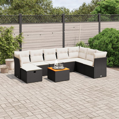 9 Piece Garden Sofa Set with Cushions Black Poly Rattan