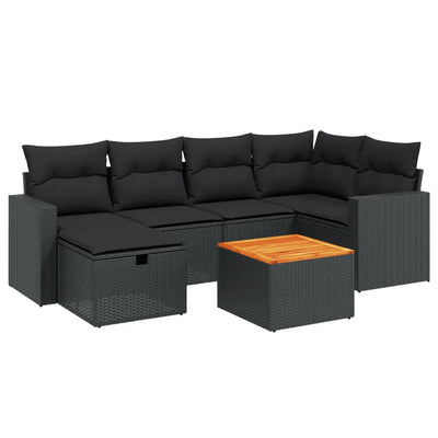 7 Piece Garden Sofa Set with Cushions Black Poly Rattan