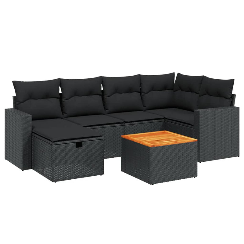 7 Piece Garden Sofa Set with Cushions Black Poly Rattan