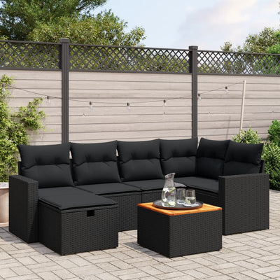 7 Piece Garden Sofa Set with Cushions Black Poly Rattan