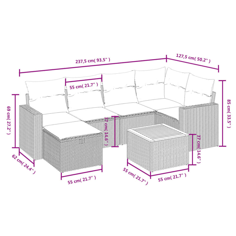 7 Piece Garden Sofa Set with Cushions Grey Poly Rattan