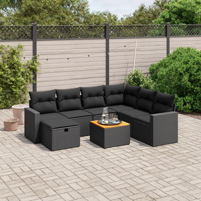 8 Piece Garden Sofa Set with Cushions Black Poly Rattan