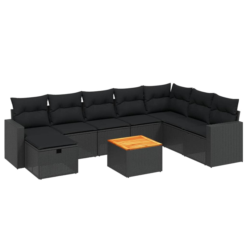 9 Piece Garden Sofa Set with Cushions Black Poly Rattan