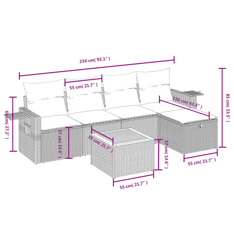 6 Piece Garden Sofa Set with Cushions Grey Poly Rattan