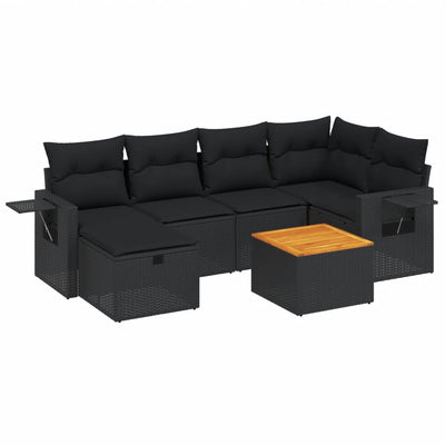 7 Piece Garden Sofa Set with Cushions Black Poly Rattan