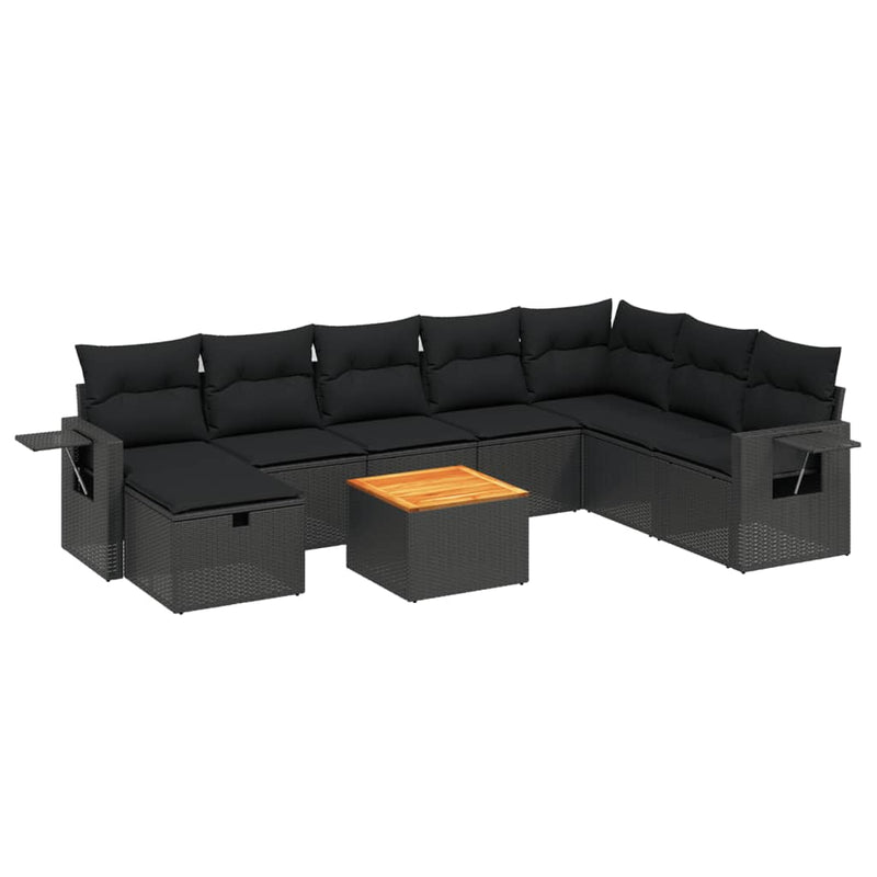 9 Piece Garden Sofa Set with Cushions Black Poly Rattan