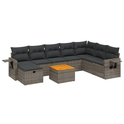 9 Piece Garden Sofa Set with Cushions Grey Poly Rattan