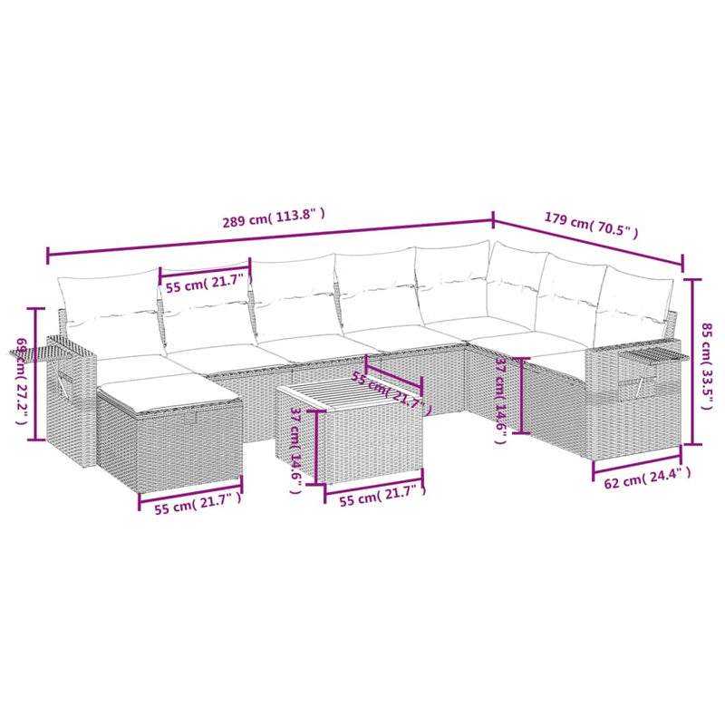 9 Piece Garden Sofa Set with Cushions Grey Poly Rattan