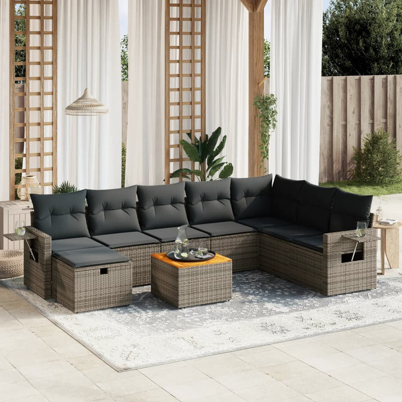 9 Piece Garden Sofa Set with Cushions Grey Poly Rattan