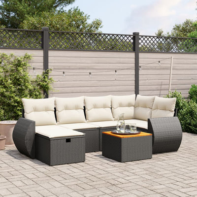 7 Piece Garden Sofa Set with Cushions Black Poly Rattan