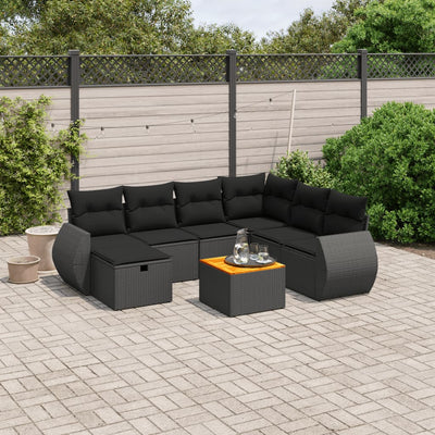 8 Piece Garden Sofa Set with Cushions Black Poly Rattan