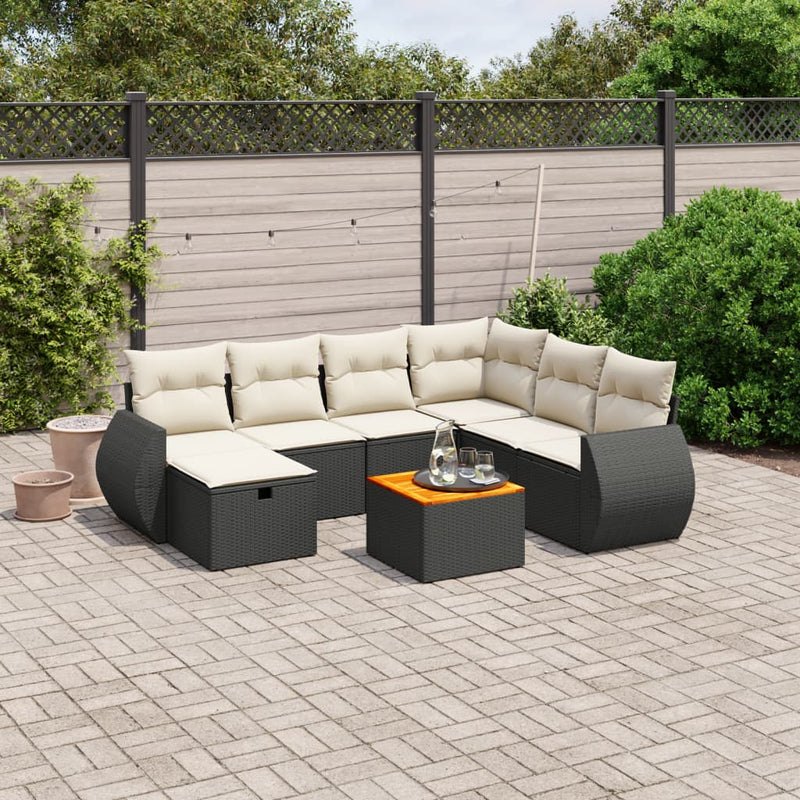 8 Piece Garden Sofa Set with Cushions Black Poly Rattan