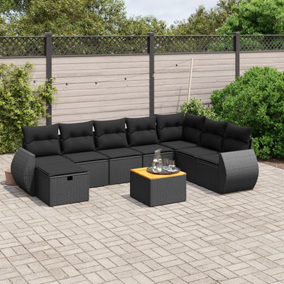 9 Piece Garden Sofa Set with Cushions Black Poly Rattan