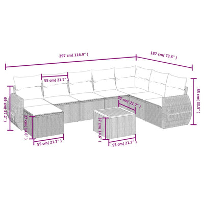 9 Piece Garden Sofa Set with Cushions Grey Poly Rattan