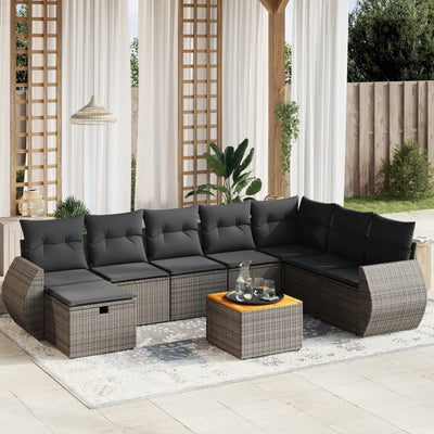 9 Piece Garden Sofa Set with Cushions Grey Poly Rattan