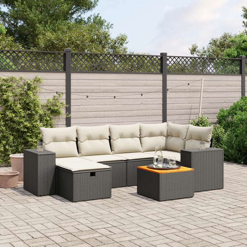 7 Piece Garden Sofa Set with Cushions Black Poly Rattan