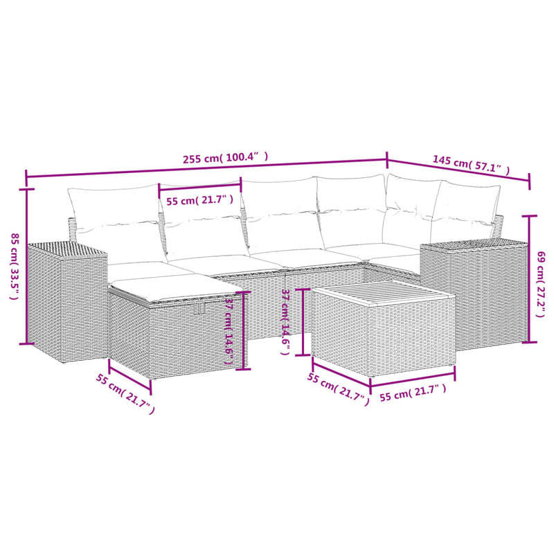 7 Piece Garden Sofa Set with Cushions Grey Poly Rattan