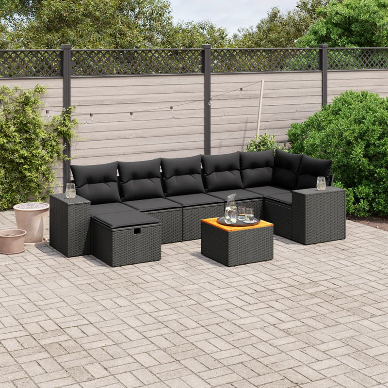 8 Piece Garden Sofa Set with Cushions Black Poly Rattan