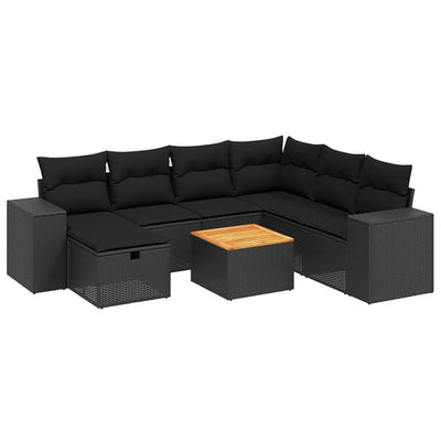 8 Piece Garden Sofa Set with Cushions Black Poly Rattan