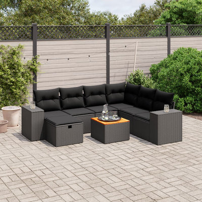 8 Piece Garden Sofa Set with Cushions Black Poly Rattan