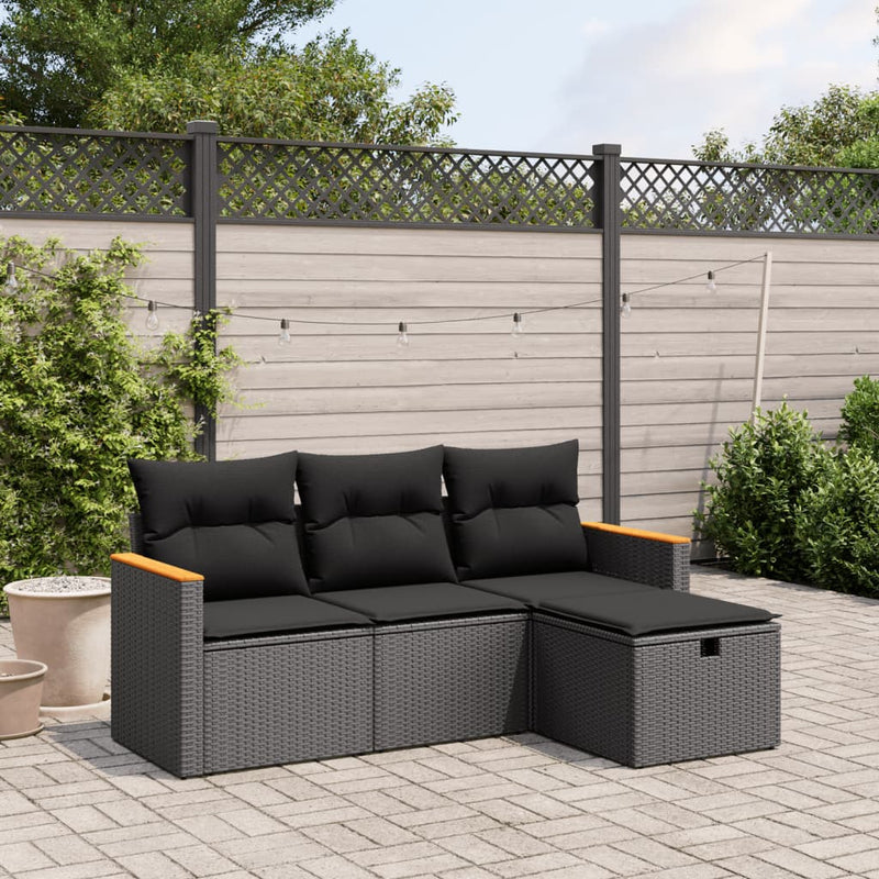 4 Piece Garden Sofa Set with Cushions Black Poly Rattan