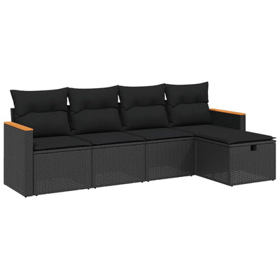 5 Piece Garden Sofa Set with Cushions Black Poly Rattan