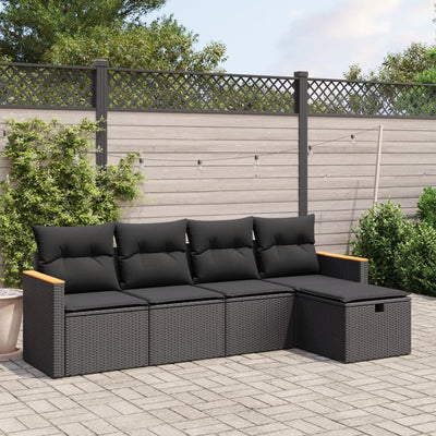 5 Piece Garden Sofa Set with Cushions Black Poly Rattan