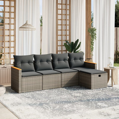 5 Piece Garden Sofa Set with Cushions Grey Poly Rattan