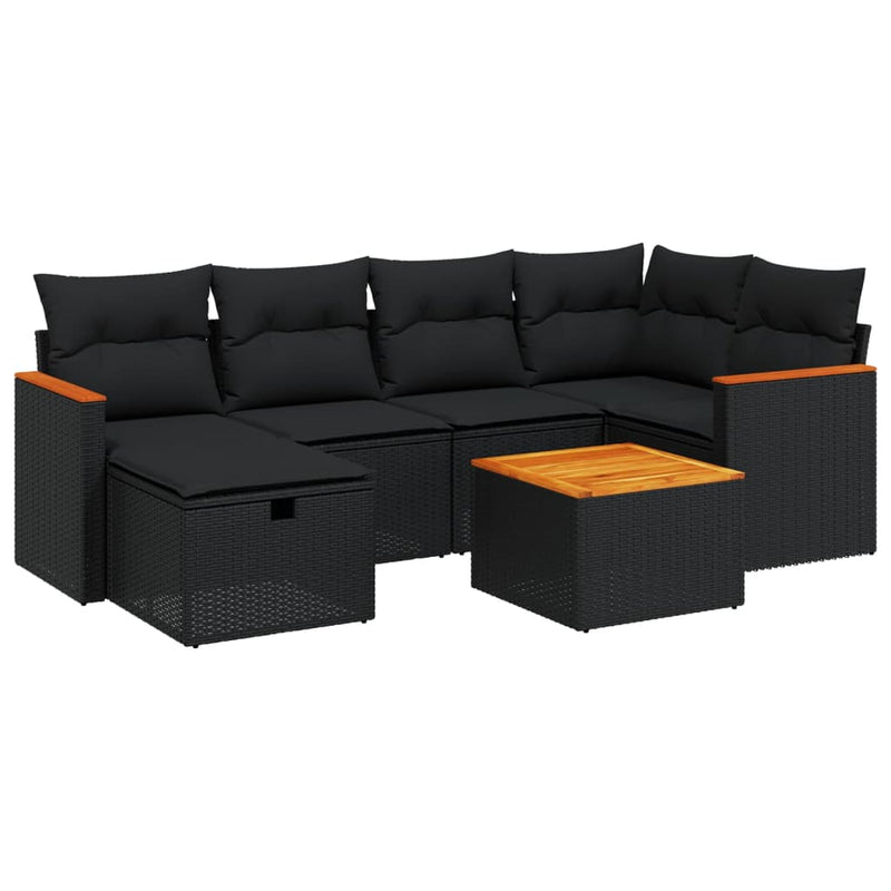 7 Piece Garden Sofa Set with Cushions Black Poly Rattan