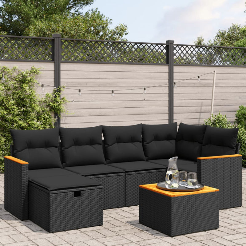 7 Piece Garden Sofa Set with Cushions Black Poly Rattan