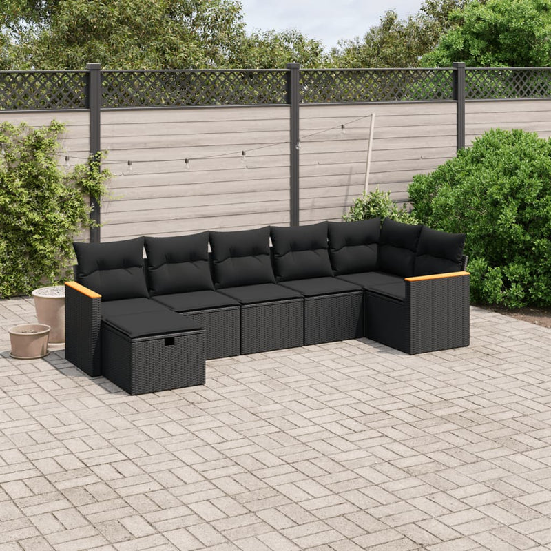 7 Piece Garden Sofa Set with Cushions Black Poly Rattan