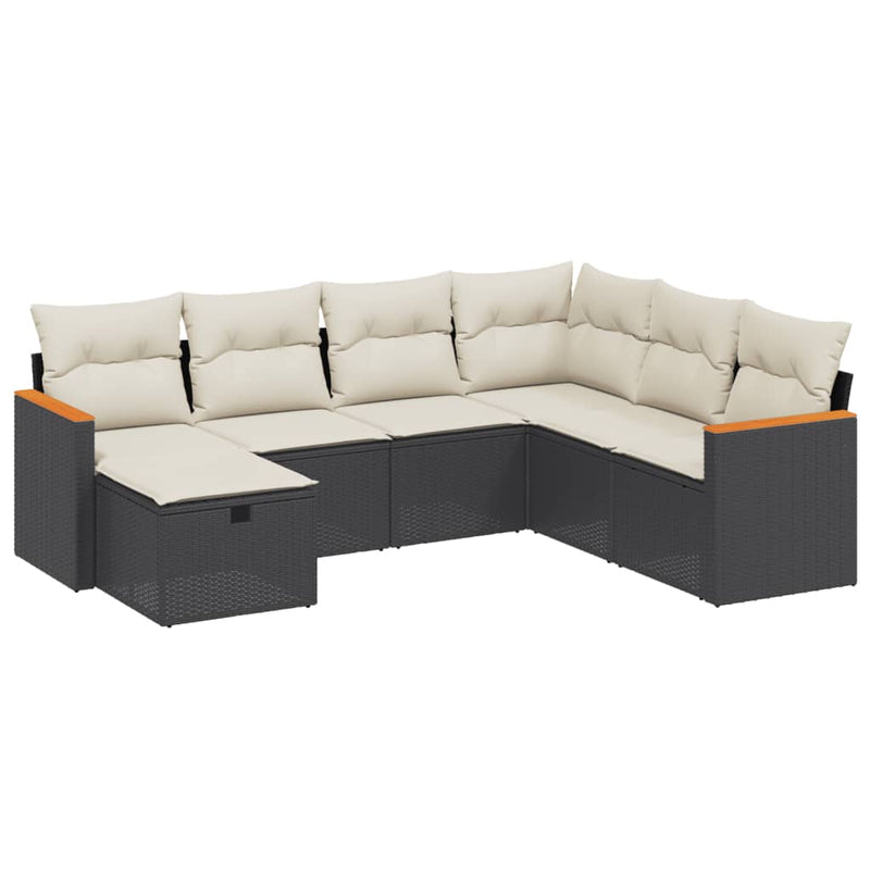 7 Piece Garden Sofa Set with Cushions Black Poly Rattan