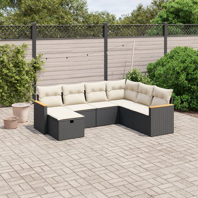 7 Piece Garden Sofa Set with Cushions Black Poly Rattan