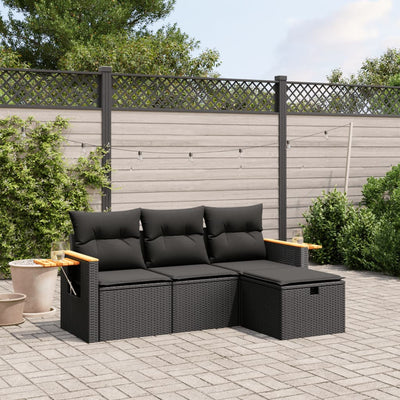 4 Piece Garden Sofa Set with Cushions Black Poly Rattan