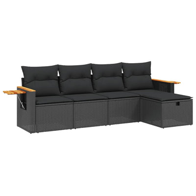 5 Piece Garden Sofa Set with Cushions Black Poly Rattan